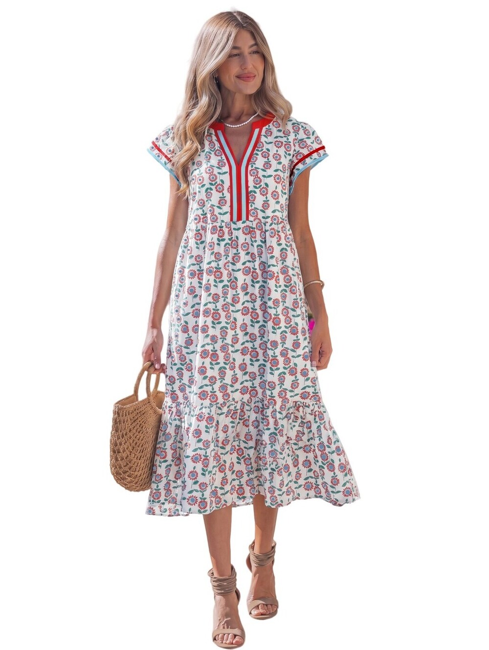 White Floral Print Midi Sundress with Red and Blue Trim